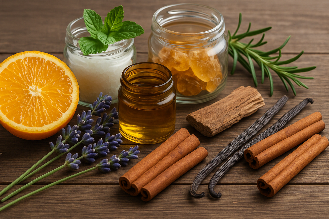 Natural candle fragrance ingredients on a wooden table, including citrus, herbs, lavender, vanilla, and spices.
