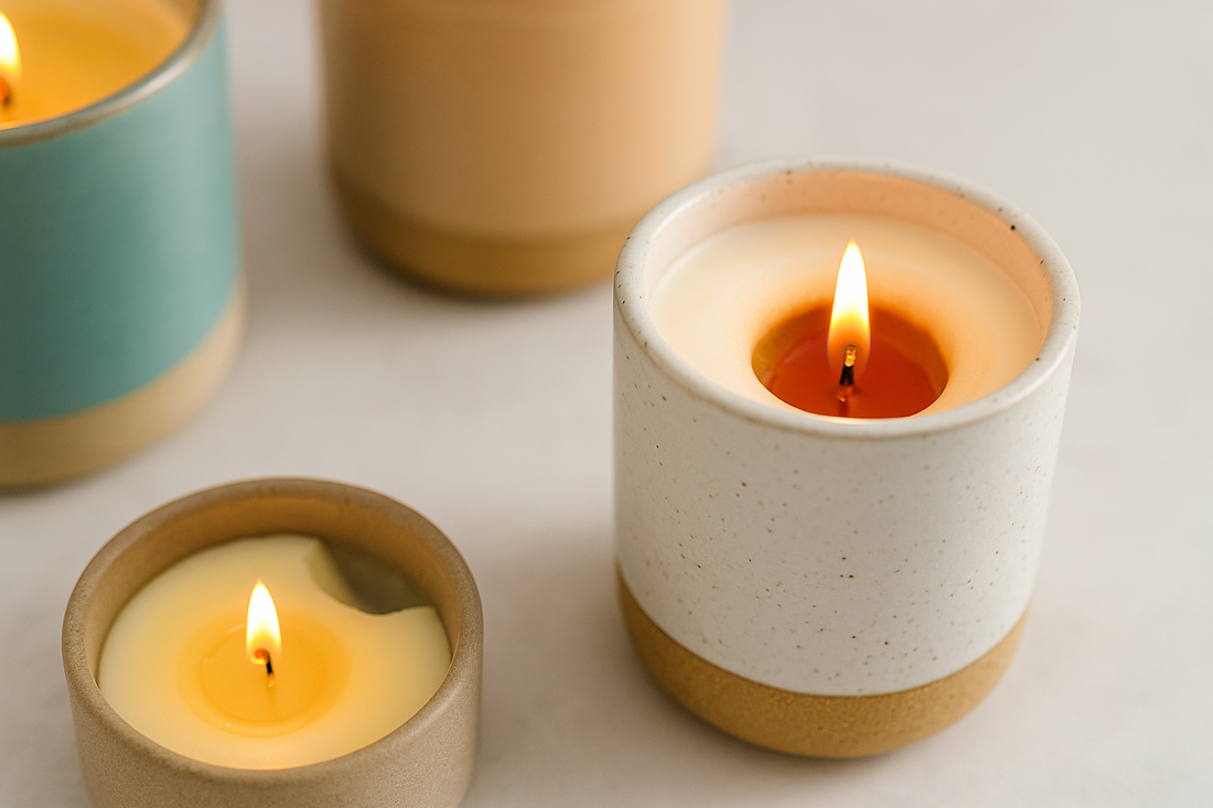 Candle tunneling shown in a close-up of ceramic candles—one with unmelted wax around the edges, others with smooth, even burns.