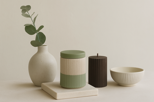 Green and beige ceramic candle jar in a minimalist setting.
