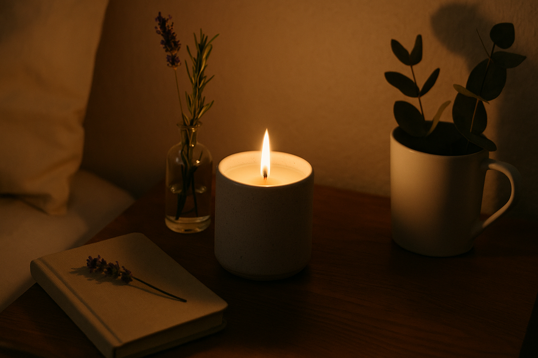 Candlelit nightstand with lavender, eucalyptus, and a ceramic candle.