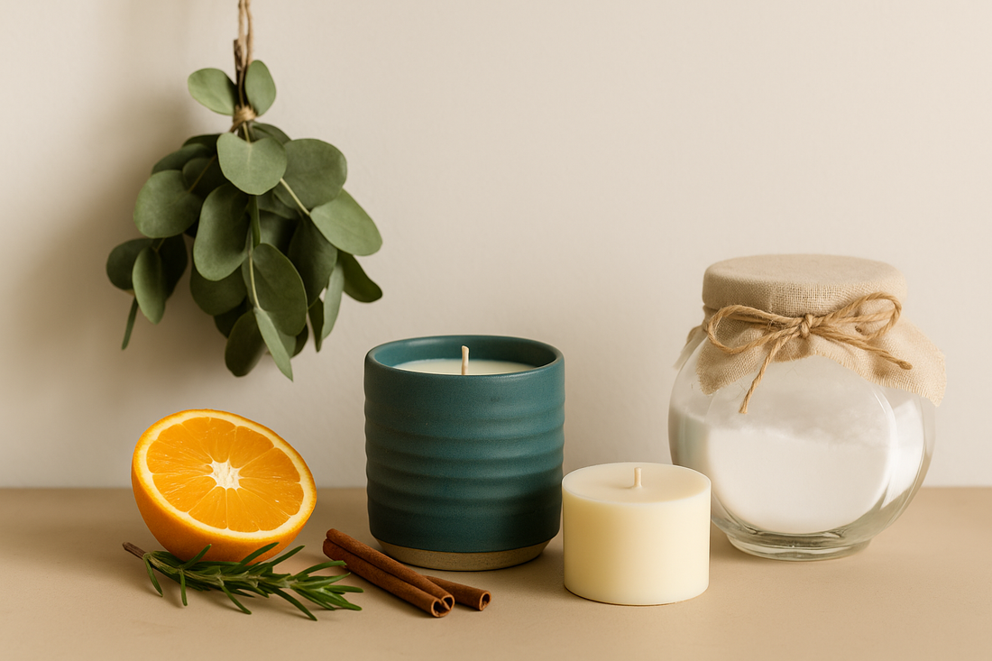 Natural home fragrance setup with refillable candle, herbs, and citrus.