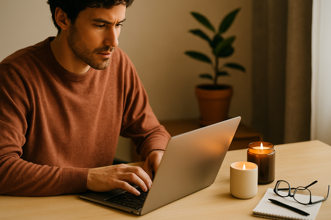 A man working on a laptop at a desk with two lit candles, a notebook, and a potted plant nearby.