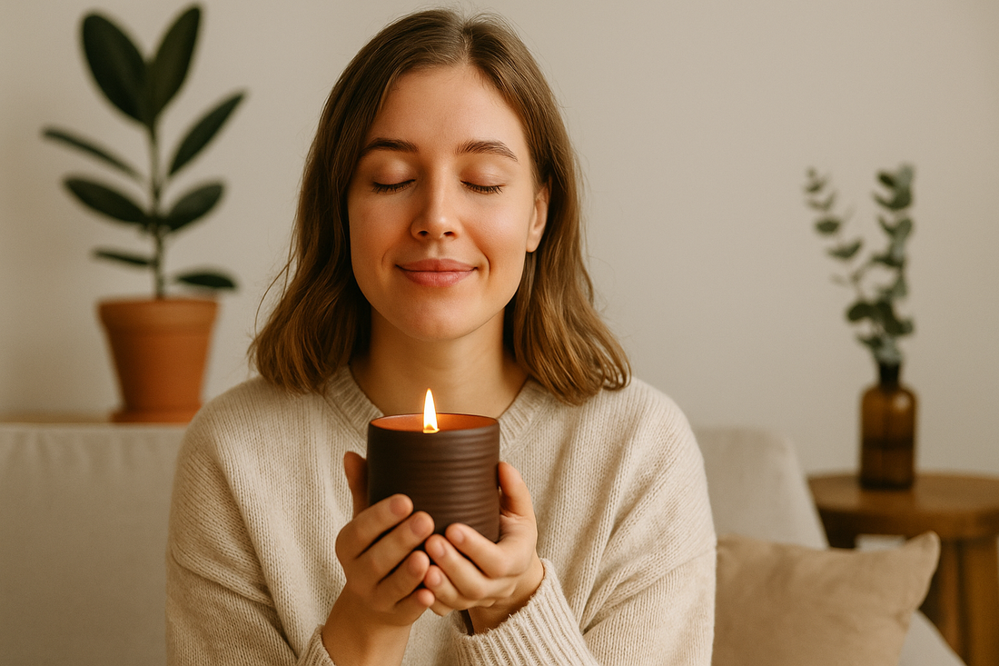 Young woman enjoying the calming scent of a lit candle in a cozy, neutral-toned space.