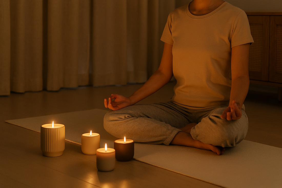 Woman meditating near lit ceramic candles in a calming room.