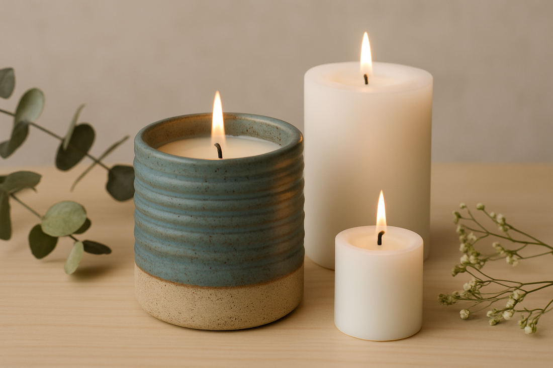 Three lit candles in ceramic and white vessels with eucalyptus and baby's breath on a wooden surface.