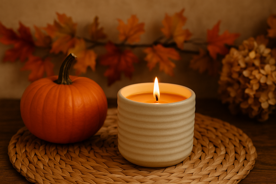Pumpkin spice candle burning in a cozy fall setting.