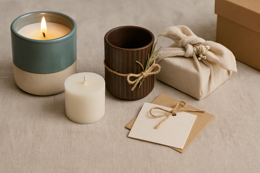 A photograph displays sustainable candle gifts arranged on a neutral linen cloth.