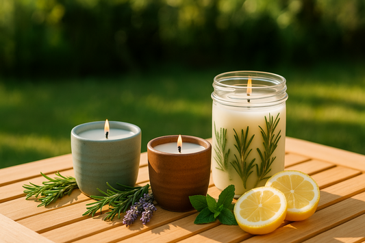 Three natural mosquito repellent candles sit on a wooden table outdoors, surrounded by fresh rosemary, lavender, mint, and lemon slices, with a green garden blurred in the background.