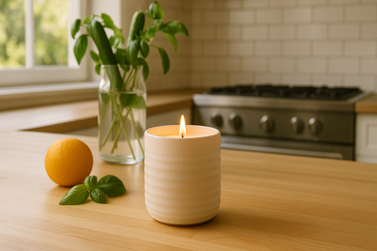 Lit ceramic candle on a sunlit kitchen counter with orange and basil nearby.