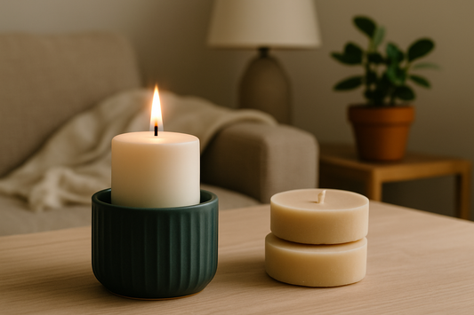 A lit white candle in a dark teal ceramic holder with wax refills on a wooden table.