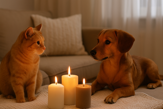 A ginger cat and a small brown dog sit peacefully near three lit candles in a cozy, softly lit living room.