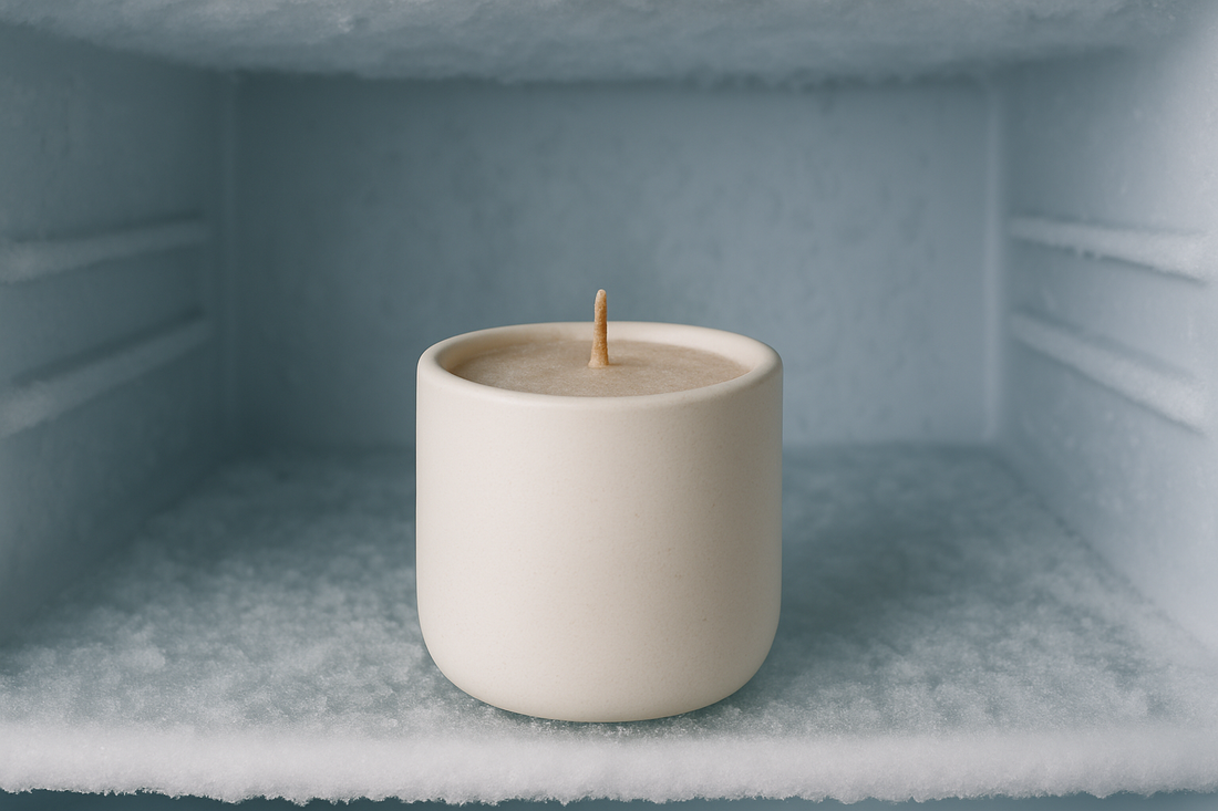 A beige ceramic candle sits on a frosty shelf inside a freezer, surrounded by ice crystals.