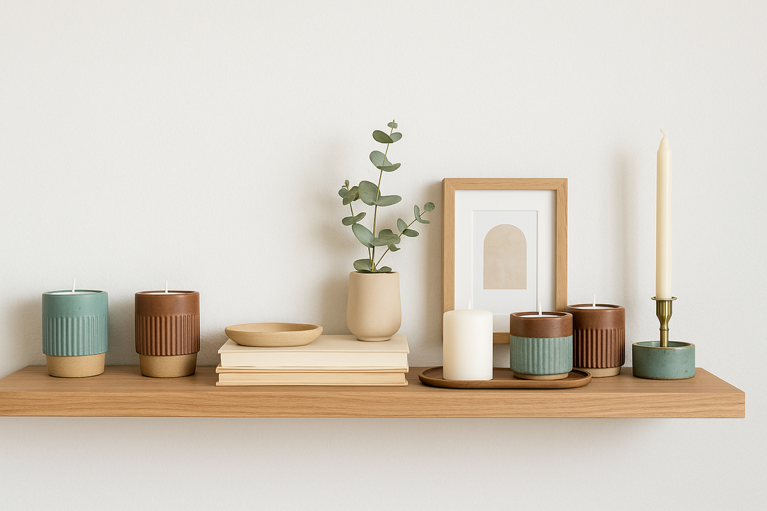Wooden shelf styled with ceramic candles, books, and minimalist decor.