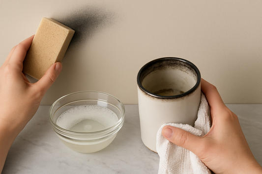 Hands cleaning candle soot from a ceramic jar and wall with a sponge and cloth.