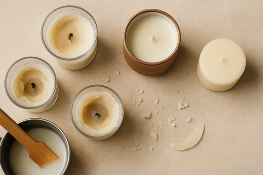 Used and new candles on a counter with wax remnants and a refillable ceramic vessel.