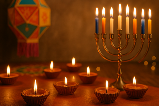 Alt text: A warm, festive scene featuring traditional Diwali diyas and a Hanukkah menorah with lit candles, set against a soft, glowing background.