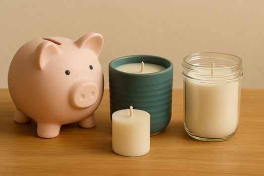 Ceramic piggy bank beside three refillable candles on a wooden surface.