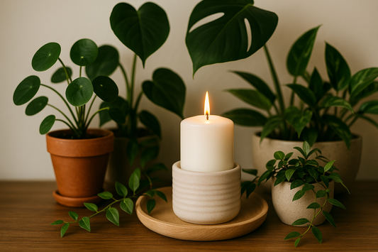 Candle in a ceramic holder surrounded by indoor plants on a wooden surface.
