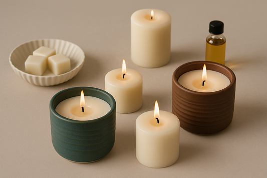 Lit candles in ceramic vessels with wax cubes and fragrance oil on a beige surface.