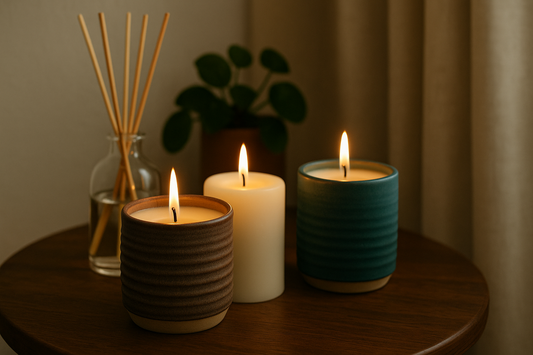 Three lit candles with a diffuser on a wooden table.