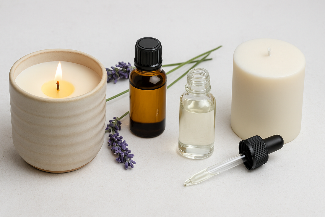 Soy candle with essential oil and fragrance oil bottles on a neutral background.