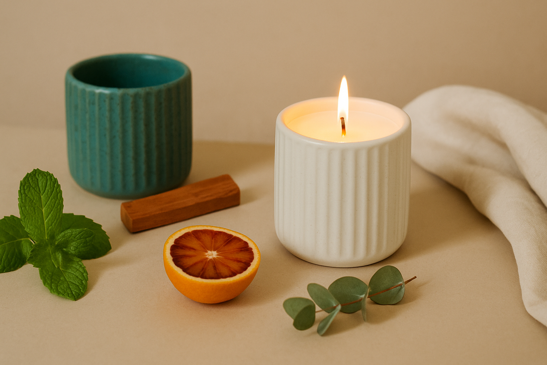 Lit candle in a ceramic vessel surrounded by natural elements.