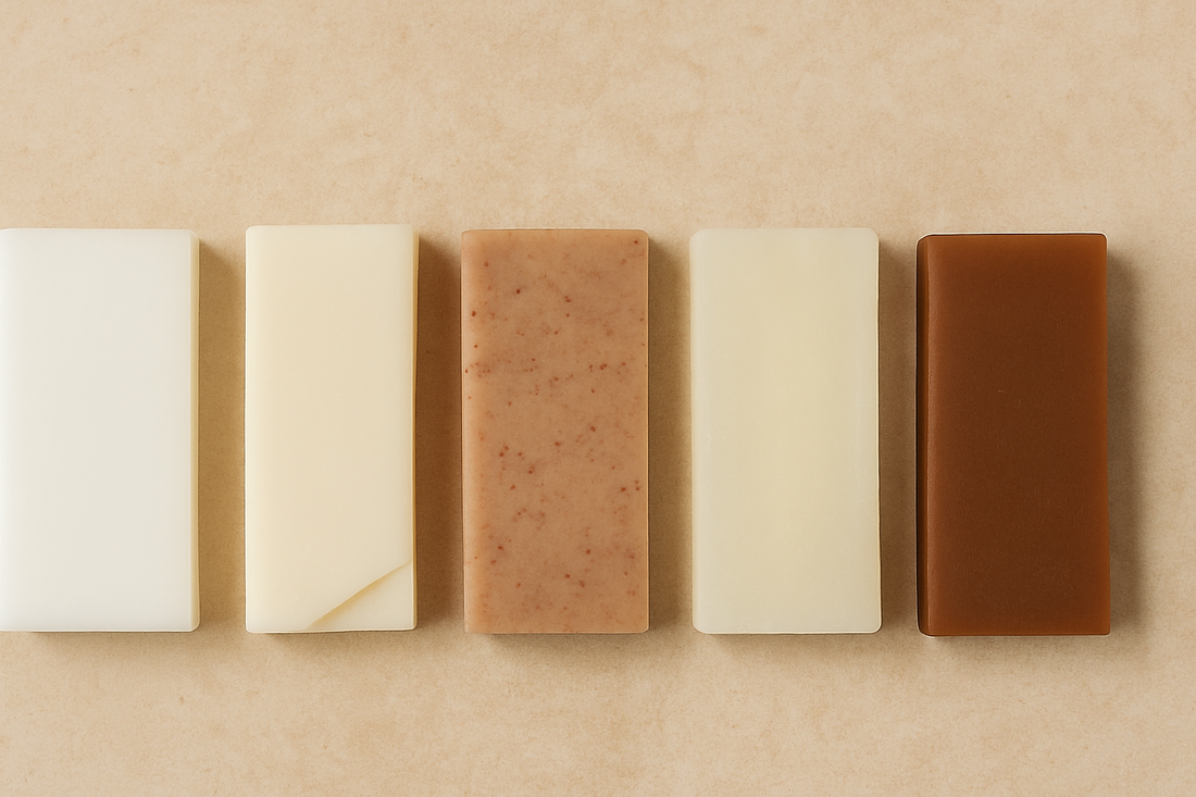 Five rectangular wax blocks in varying natural tones lined up on a beige stone surface