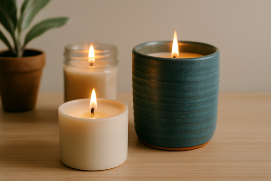 Three lit candles on a wooden surface with a soft, neutral background.