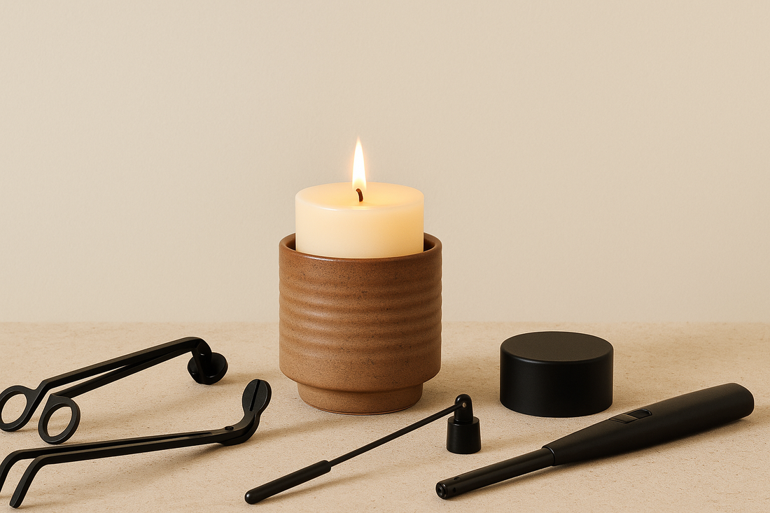 Lit candle in ceramic holder with candle care accessories.