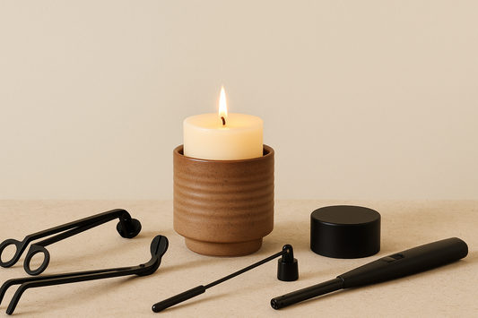 Lit candle in ceramic holder with candle care accessories.