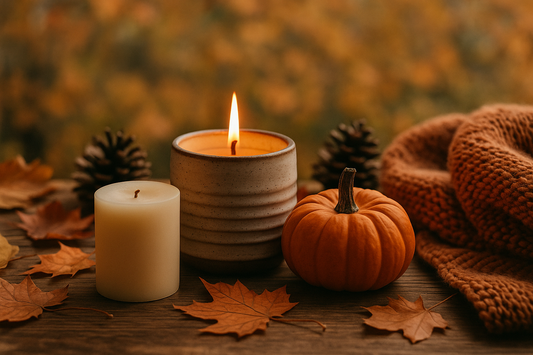 Cozy autumn scene with a lit candle, small pumpkin, pinecones, and fall leaves on a wooden surface.