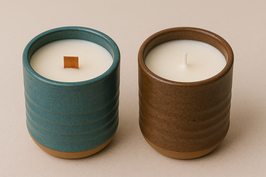 Two handcrafted soy candles in ceramic jars—one with a wooden wick and one with a cotton wick—highlighting the question: Are wooden wick candles better?