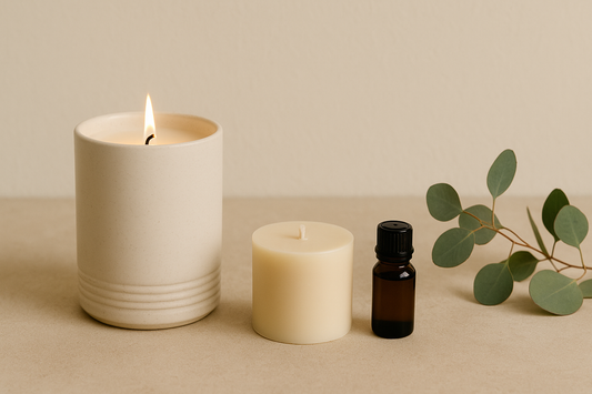 Lit ceramic candle with a wax refill, essential oil bottle, and eucalyptus on a neutral surface.
