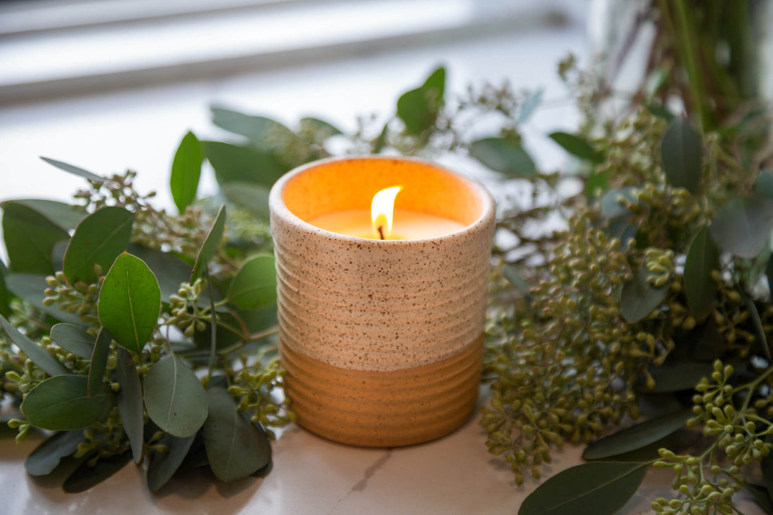 A lit soy wax candle in a handmade ceramic jar, surrounded by fresh greenery on a windowsill—illustrating a clean-burning, non-toxic option for those wondering are candles toxic.