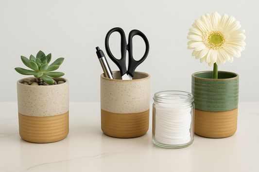 Four reused candle jars styled as a planter, desk organizer, cotton pad holder, and mini vase. Set on a clean surface with soft natural lighting.