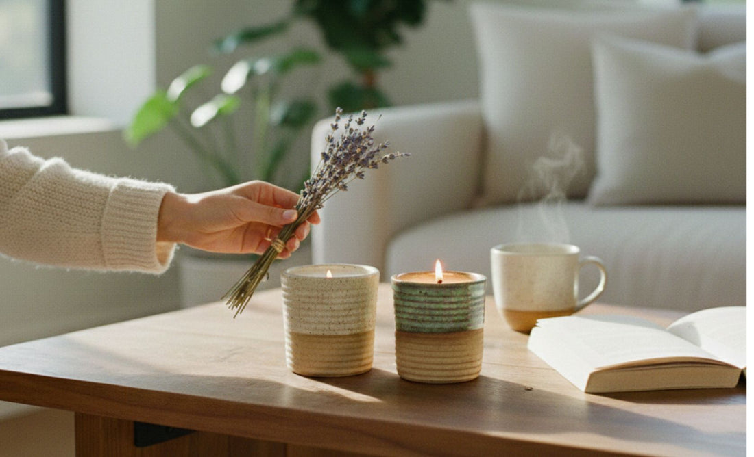 A person's hand holds a bunch of dried lavender over two lit ceramic candles on a wooden coffee table in a sunlit, cozy living room.