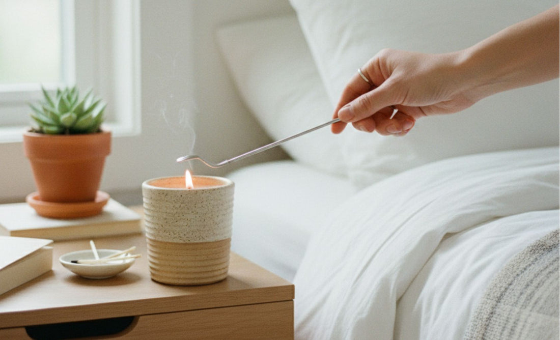 refillable ceramic candle on a light wood nightstand in a bright bedroom. A hand reaches into the frame using a metal wick trimmer on the lit candle