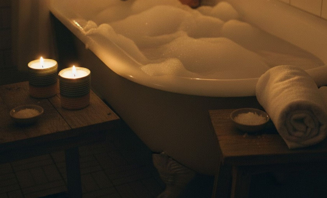 A cozy, nighttime lifestyle photo of a bubble bath in a dimly lit bathroom. Two ReCandle Co ceramic candles glow on a wooden side table in the foreground, while a person relaxes in a clawfoot tub in the soft, warm background.