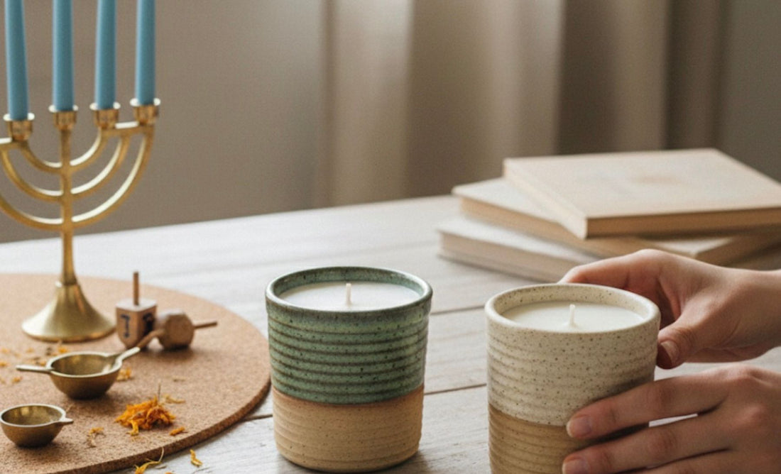 A person's hands gently hold a ceramic refillable candle on a sunlit wooden table, set alongside a brass menorah, a wooden dreidel, and small brass bowls with orange petals for a cozy, sustainable holiday celebration.