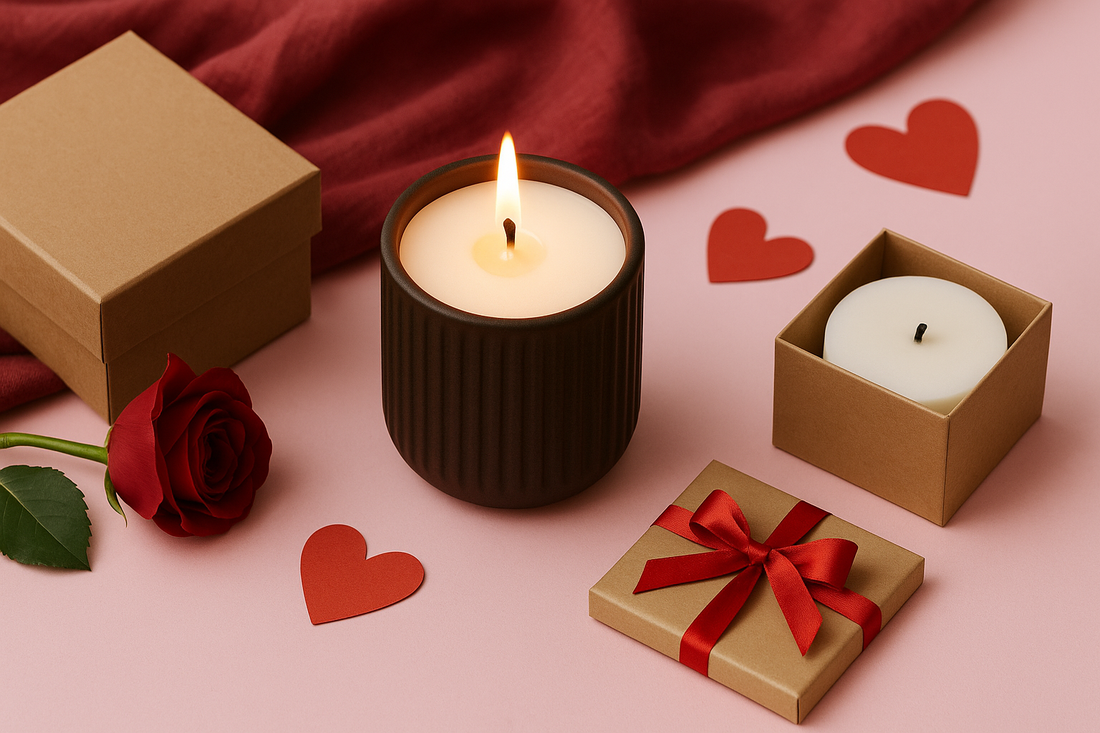 Lit candle in a dark ceramic holder surrounded by Valentine's gifts and red paper hearts.