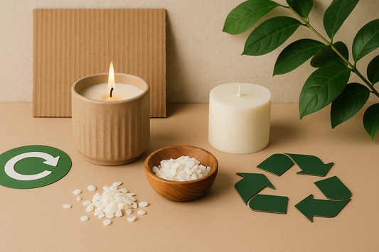 Eco-friendly candle with soy wax pellets, ceramic jar, and recycling symbols on a neutral background.