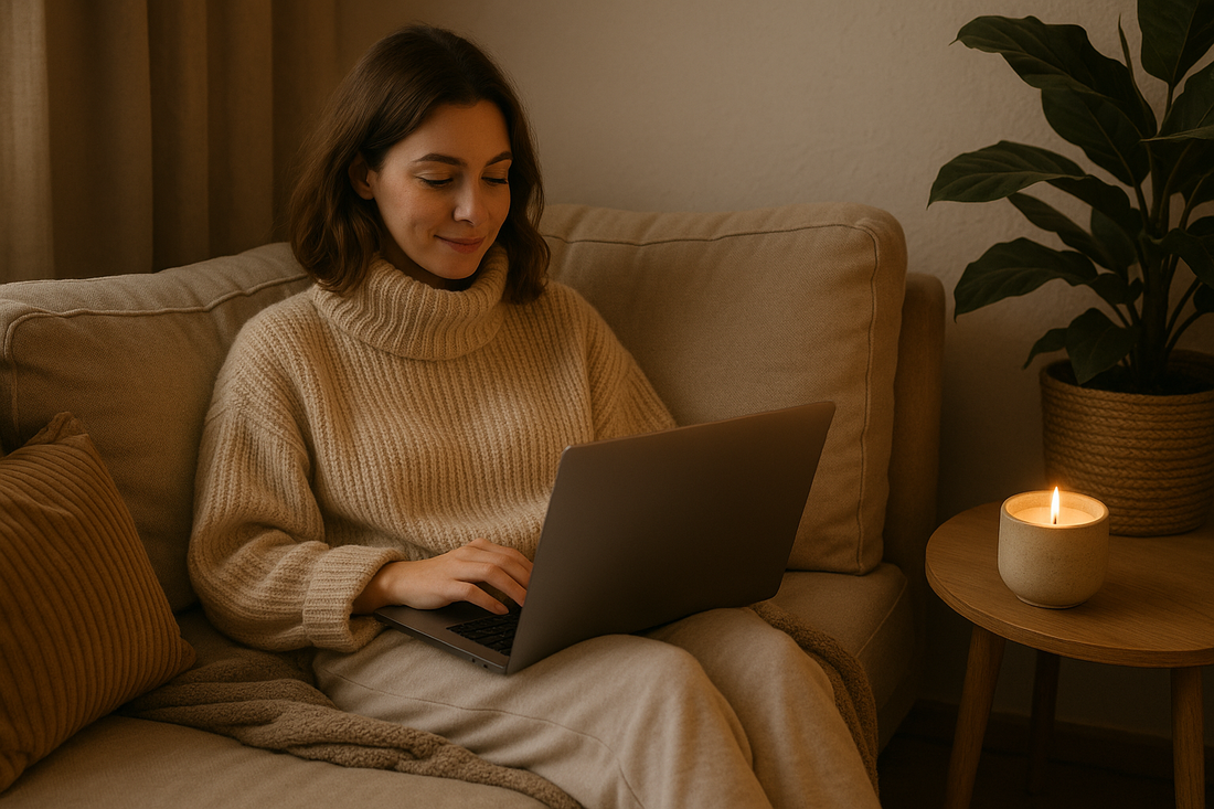 Cozy woman working on sofa with laptop and lit ceramic candle.