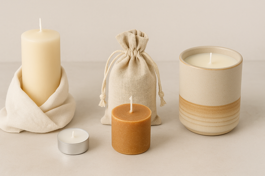Four candles stored safely on a neutral surface—one wrapped in cloth, one in a ceramic vessel, one in a drawstring bag, and one tea light—demonstrating proper candle storage techniques.