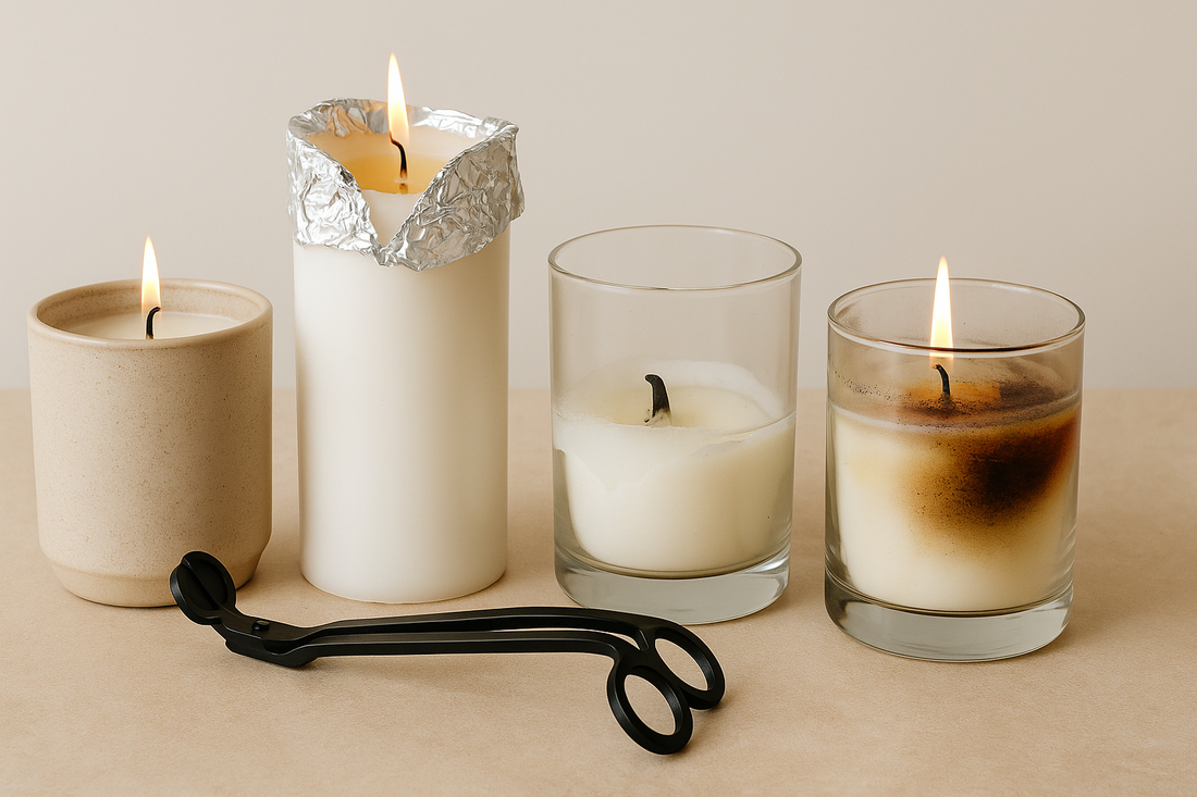 Four candles showing common burning issues—tunneling, soot buildup, uneven wax—with a wick trimmer on a neutral surface.