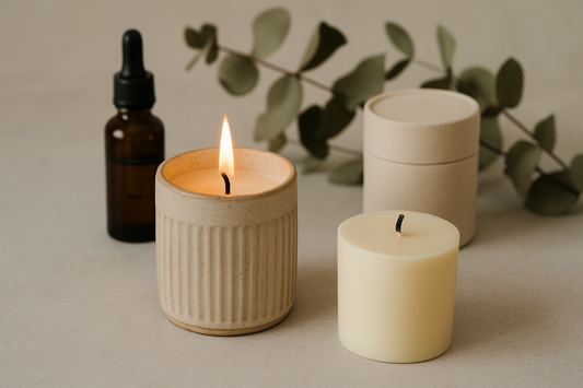 Lit soy candle in a ceramic jar with natural accents