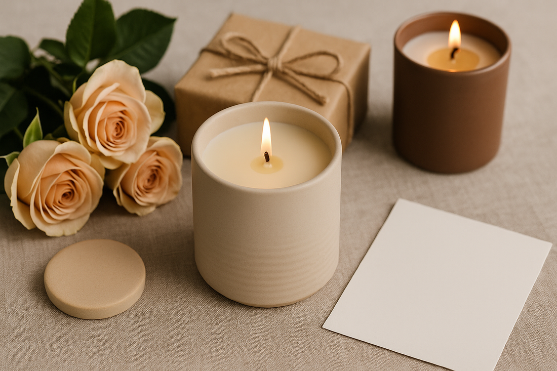 Mother’s Day gift scene with a ceramic candle, roses, and a wrapped present.