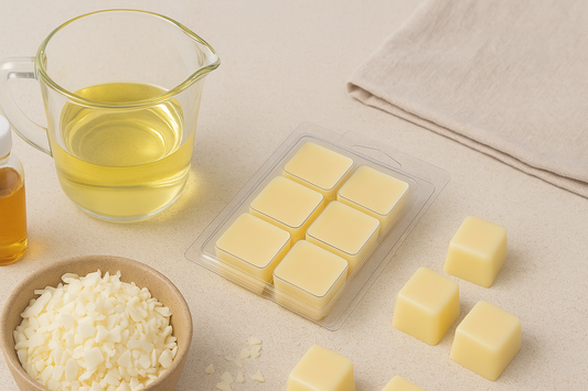 Soy wax melt-making materials arranged on a countertop.