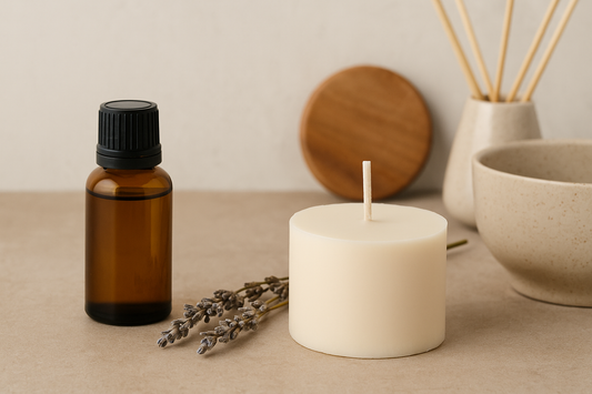 Amber essential oil bottle beside a soy wax candle with natural scent elements.