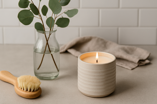 Ceramic candle with eucalyptus and brush on a clean countertop.