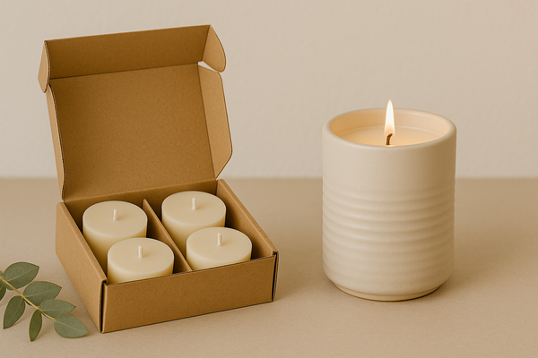 Lit ceramic candle with box of wax refills on a neutral surface
